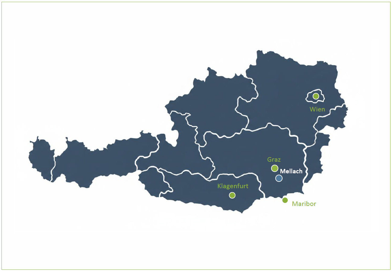 Karte von Österreich auf der der Standort Mellach hervorgehoben ist